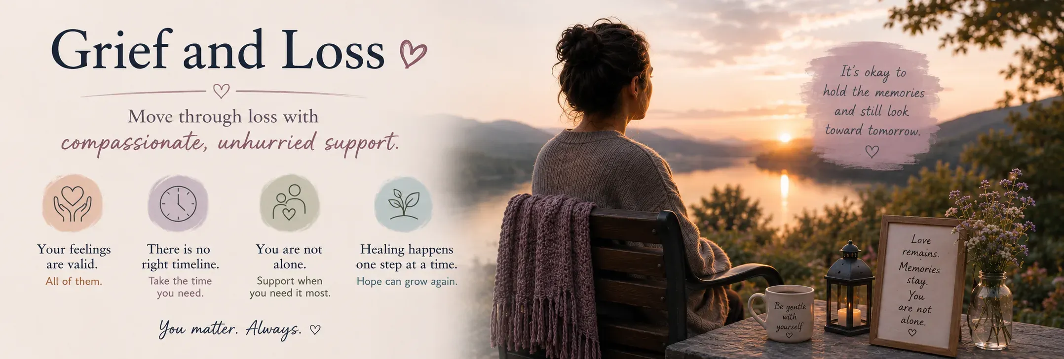 A gentle, comforting scene representing grief and loss counseling