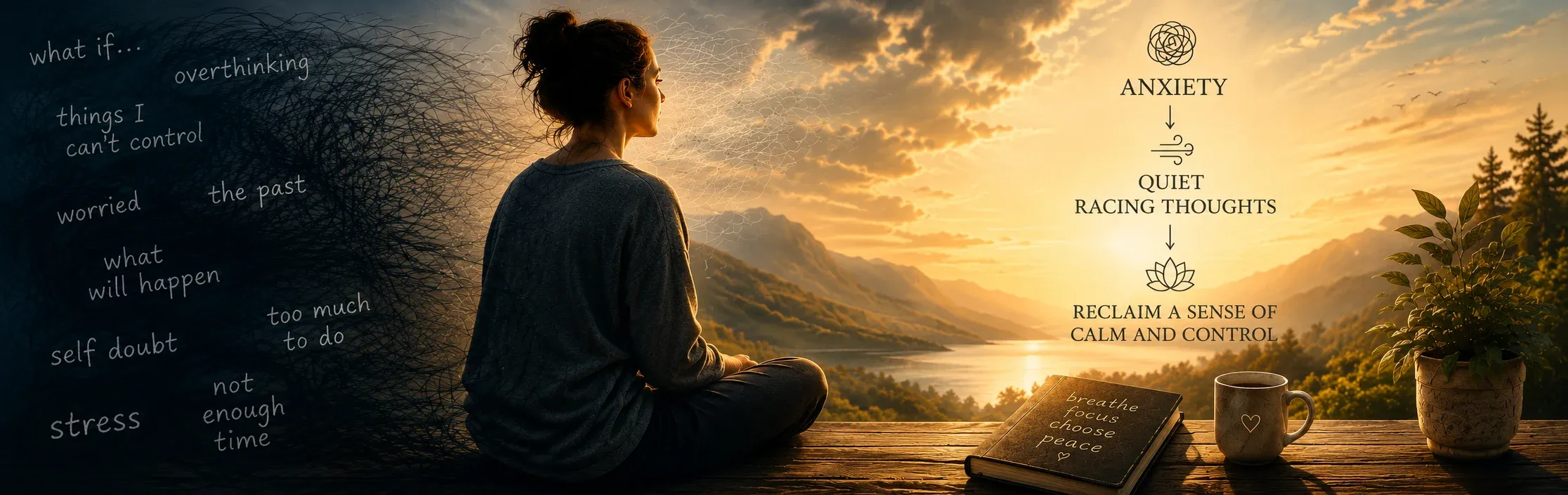 A calm, peaceful scene representing anxiety counseling and relief from racing thoughts