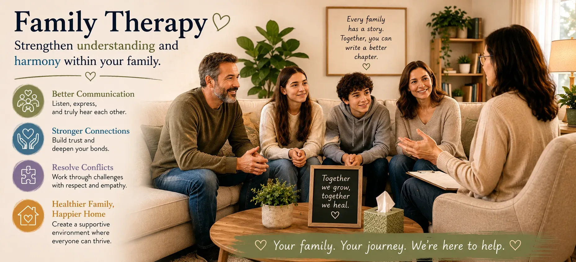 A close, connected family representing family therapy